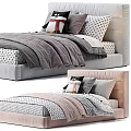 Soft Upholstered Single Bed with Pink Gray Bedding and Decorative Pillows 3d model