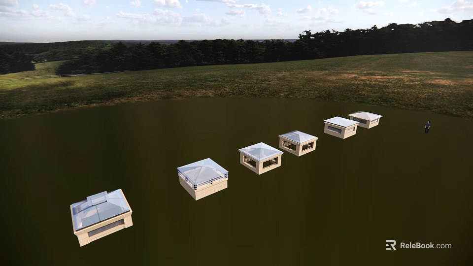 White Small Garden Structures Arranged on Green Grassland With Trees and Sky Background 3d model 