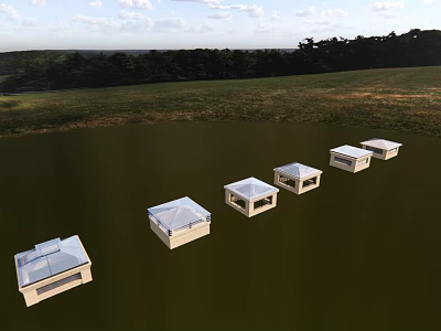 White Small Garden Structures Arranged on Green Grassland With Trees and Sky Background 3d model