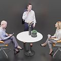 Comfortable Yellow Leisure Chairs With Round Table And Three People Interacting In Modern Lounge