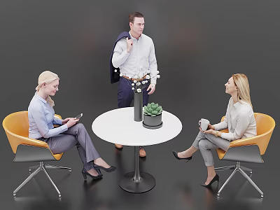 Comfortable Yellow Leisure Chairs With Round Table And Three People Interacting In Modern Lounge 3d model