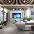 Open Modern Office With White Conference Table Brown Chairs Green Plants Large Windows And Blinds