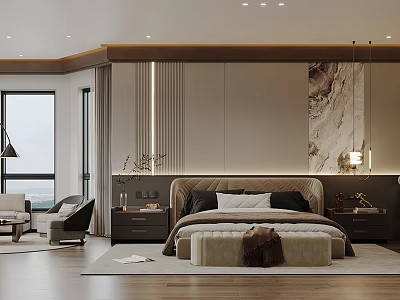 Modern Bedroom Interior With Upholstered Bed Nightstands Pendant Lights And Area Rug 3d model
