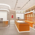 Modern Dessert Shop Interior With Orange Counter Wooden Shelves And Glass Display Cases
