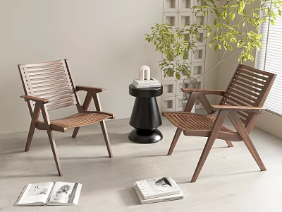 Modern Wooden Table and Chair Set with Slatted Design Black Side Table and Green Plant 3d model