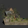 Cartoon Scene Featuring Small Wooden House Pine Trees Green Tractor Wooden Barrel Stream And Grass