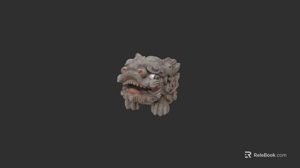 Traditional Stone Lion Head Sculpture With Intricate Carvings And Red Eyes 3d model 