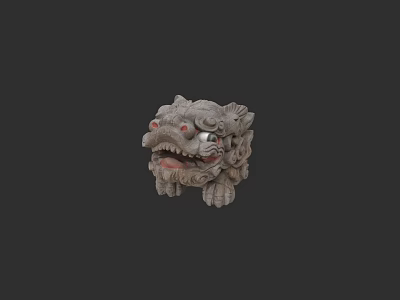 Traditional Stone Lion Head Sculpture With Intricate Carvings And Red Eyes 3d model