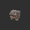 Traditional Stone Lion Head Sculpture With Intricate Carvings And Red Eyes