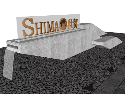 Feature Wall With SHIMA Logo Golden Letters Gray Stone Structure And Gravel Ground 3d model