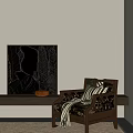 Single Sofa In Minimalist Interior With Striped Cushion Throw Blanket And Black Line Art Painting