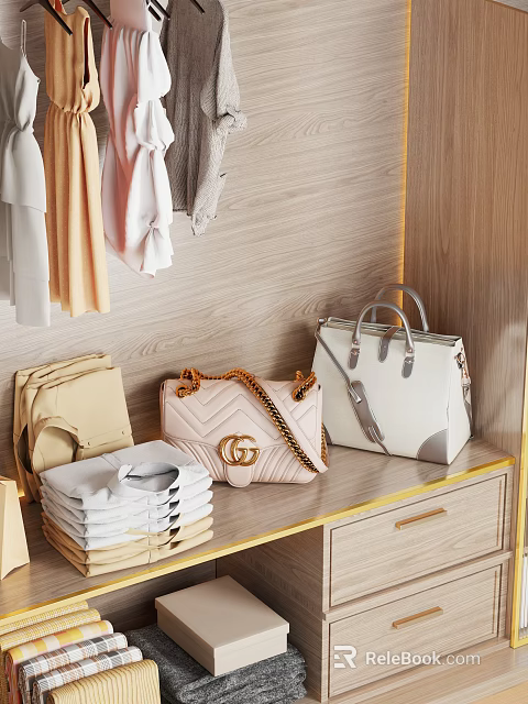 Organized Bedroom Wardrobe Interior With Hanging Clothes Folded Clothing And Designer Bags 3d model 