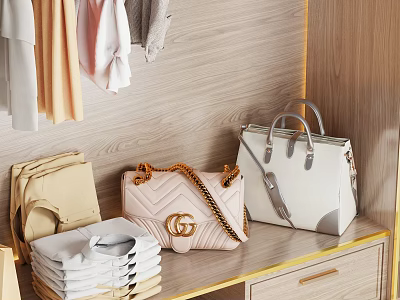 Organized Bedroom Wardrobe Interior With Hanging Clothes Folded Clothing And Designer Bags 3d model