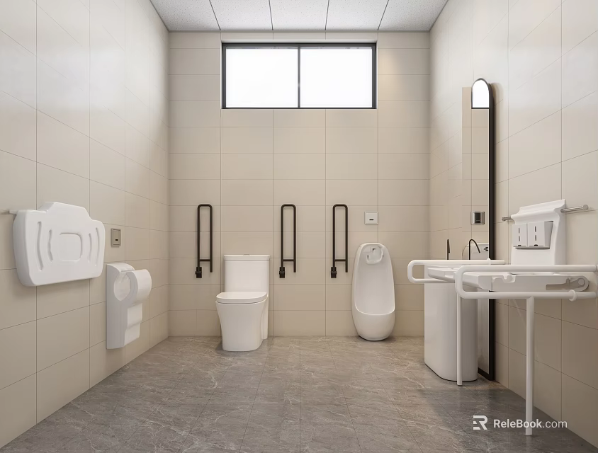 Public Restroom With Modern Tiled Walls Handrails Toilet Urinal And Sink 3d model 