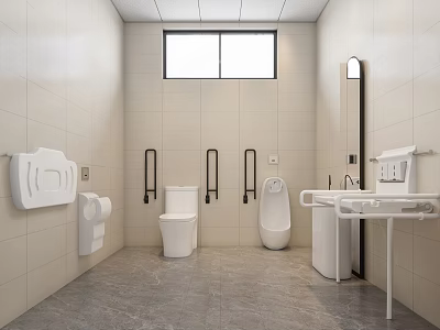 Public Restroom With Modern Tiled Walls Handrails Toilet Urinal And Sink 3d model
