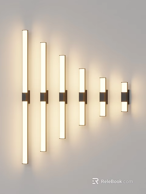 Six Long Strip Wall Lamps With Black Base And White Light On Light Colored Wall 3d model 