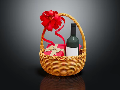 Elegant Wicker Basket With Red Wine Bottle Gift Box And Red Bow Decoration 3d model