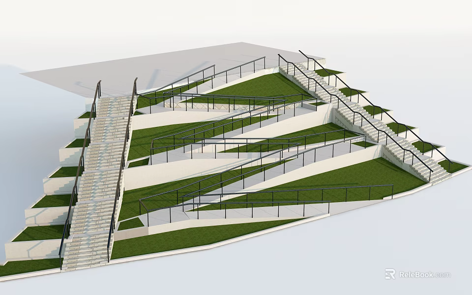 Stepped Park Landscape With Multi Level Green Lawns And Black Railings 3d model 