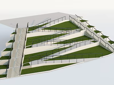 Stepped Park Landscape With Multi Level Green Lawns And Black Railings 3d model