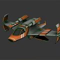 Futuristic Fighter Jet with Orange Gray Body Blue Lights Wings and Thrusters Design