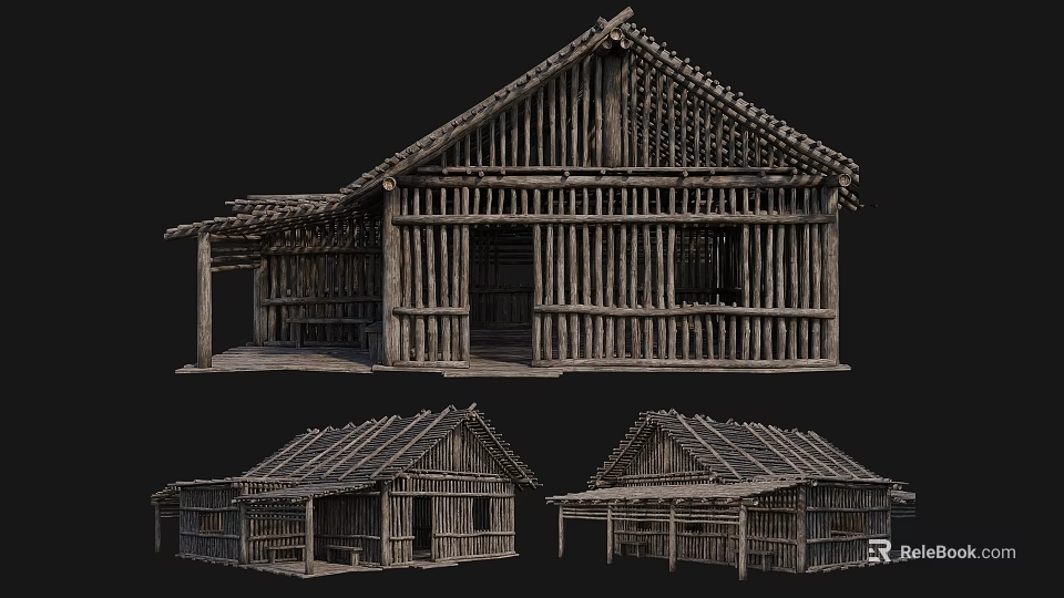 Traditional Ancient Wooden Building With Sloped Roof And Intricate Wooden Frame Design 3d model 