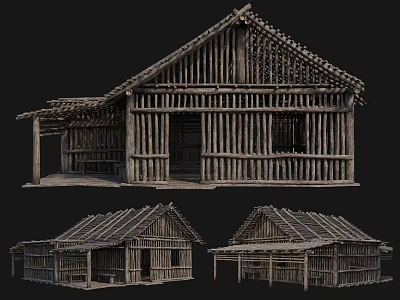 Traditional Ancient Wooden Building With Sloped Roof And Intricate Wooden Frame Design 3d model
