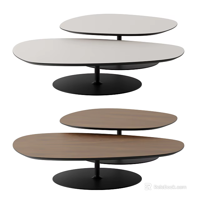 Modern Layered Coffee Table Design With White And Wooden Tops And Black Bases 3d model 