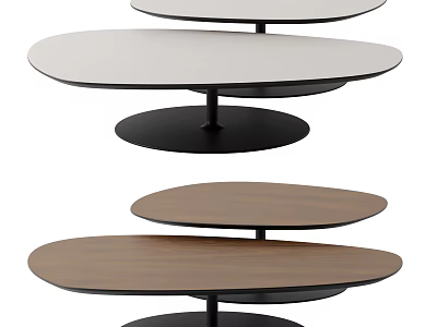 Modern Layered Coffee Table Design With White And Wooden Tops And Black Bases 3d model