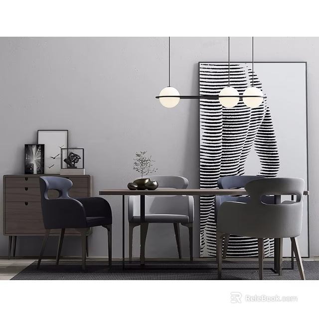 Modern Dining Table Set with Grey Chairs Pendant Lights and Decorative Artwork 3d model