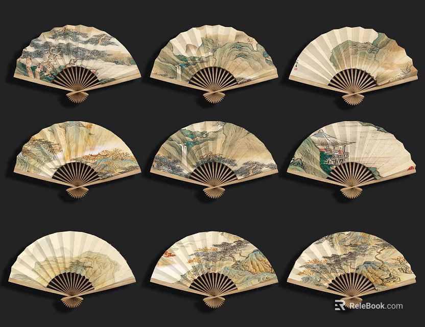 Traditional Chinese Landscape Painting Fan Pendant as Decorative Wall Art Pieces 3d model 