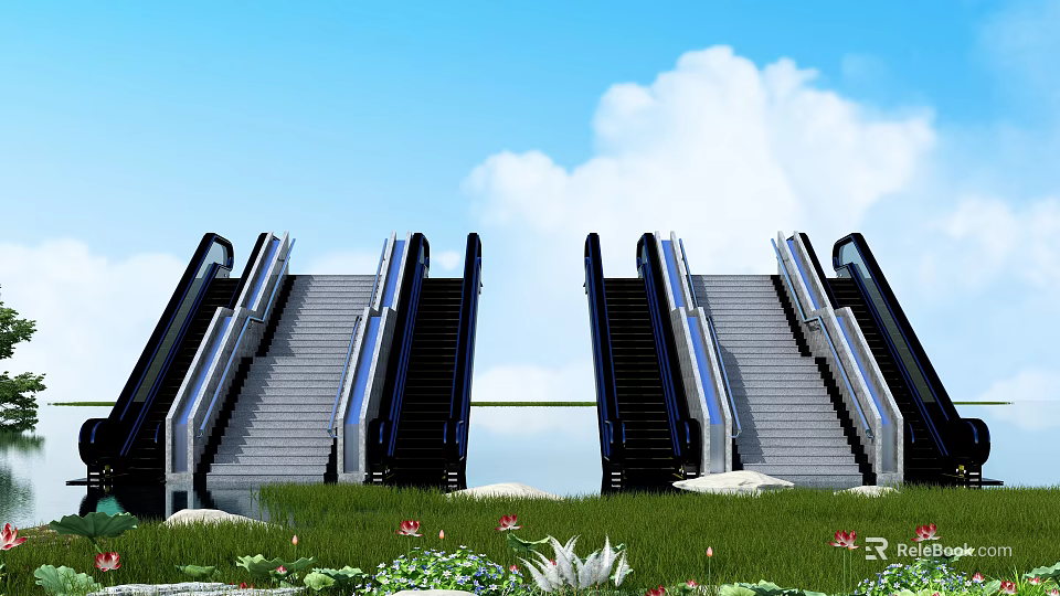 Outdoor Escalators Design Featuring Green Grass Flowers Blue Sky And White Clouds 3d model 