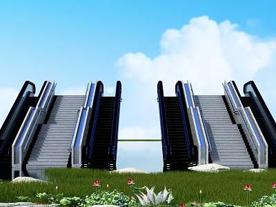 Outdoor Escalators Design Featuring Green Grass Flowers Blue Sky And White Clouds 3d model
