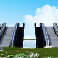 Outdoor Escalators Design Featuring Green Grass Flowers Blue Sky And White Clouds