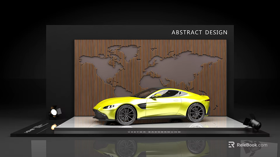 Yellow Sports Car Display on Platform with Wooden World Map Wall Abstract Design Lighting Reflection 3d model 