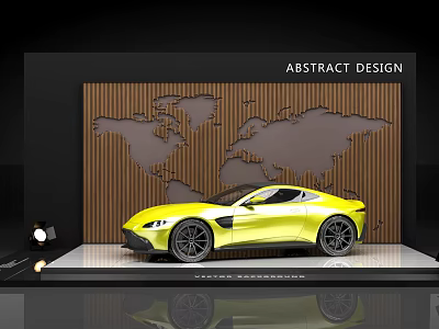 Yellow Sports Car Display on Platform with Wooden World Map Wall Abstract Design Lighting Reflection 3d model
