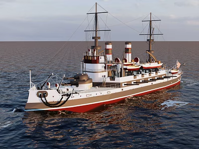 Vintage Warship With White And Red Hull Two Masts And Smokestacks Sailing On Open Ocean 3d model