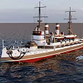 Vintage Warship With White And Red Hull Two Masts And Smokestacks Sailing On Open Ocean