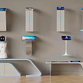 Modern Self Service Kiosks Standing Wall Mounted Interactive Displays And Robotic Assistant 3d model