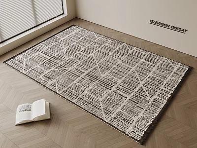 Square Rug With Geometric Line Pattern On Wooden Floor Near Window And Open Book 3d model