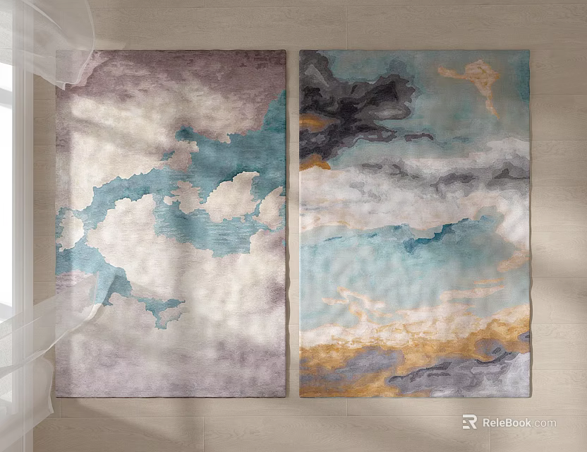 Square Rugs With Abstract Cloud Like Patterns In Blue Purple And Yellow Hues 3d model 