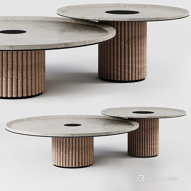Modern Coffee Tables With Light Colored Stone Tops Black Circular Details And Brown Ribbed Legs 3d model 
