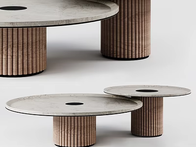 Modern Coffee Tables With Light Colored Stone Tops Black Circular Details And Brown Ribbed Legs 3d model