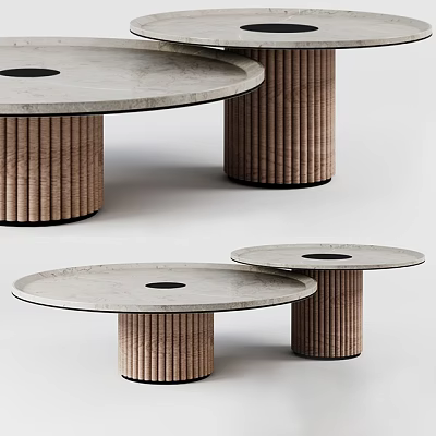 Modern Coffee Tables With Light Colored Stone Tops Black Circular Details And Brown Ribbed Legs 3d model