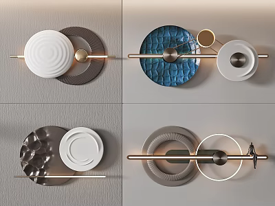 Modern Minimalist Wall Decorative Pieces with Blue Textured Plates and Metallic Ring Accents 3d model