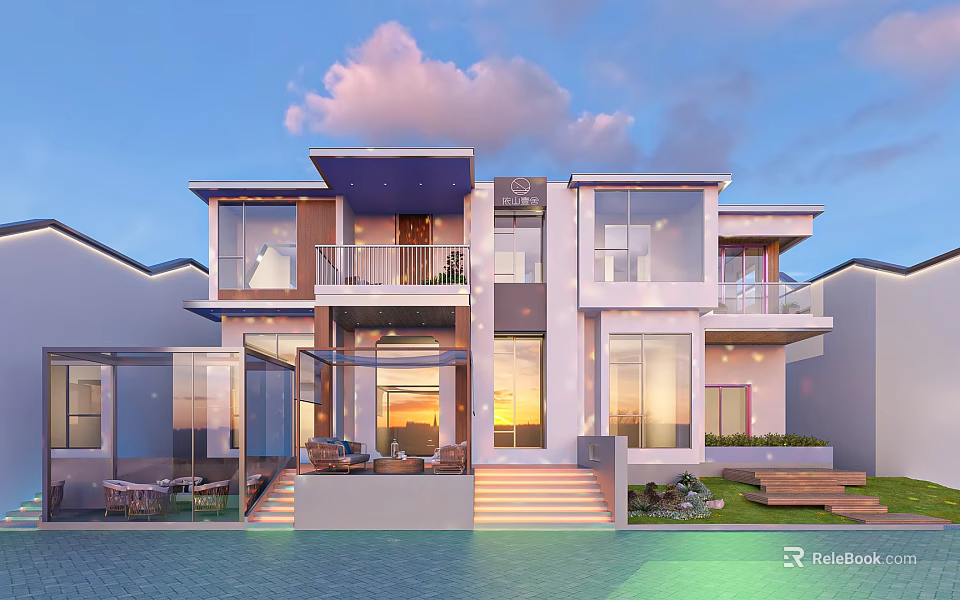 Modern Detached Villa With Large Glass Windows Balcony Outdoor Stairs And Landscaped Lawn 3d model 