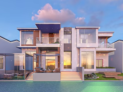 Modern Detached Villa With Large Glass Windows Balcony Outdoor Stairs And Landscaped Lawn 3d model