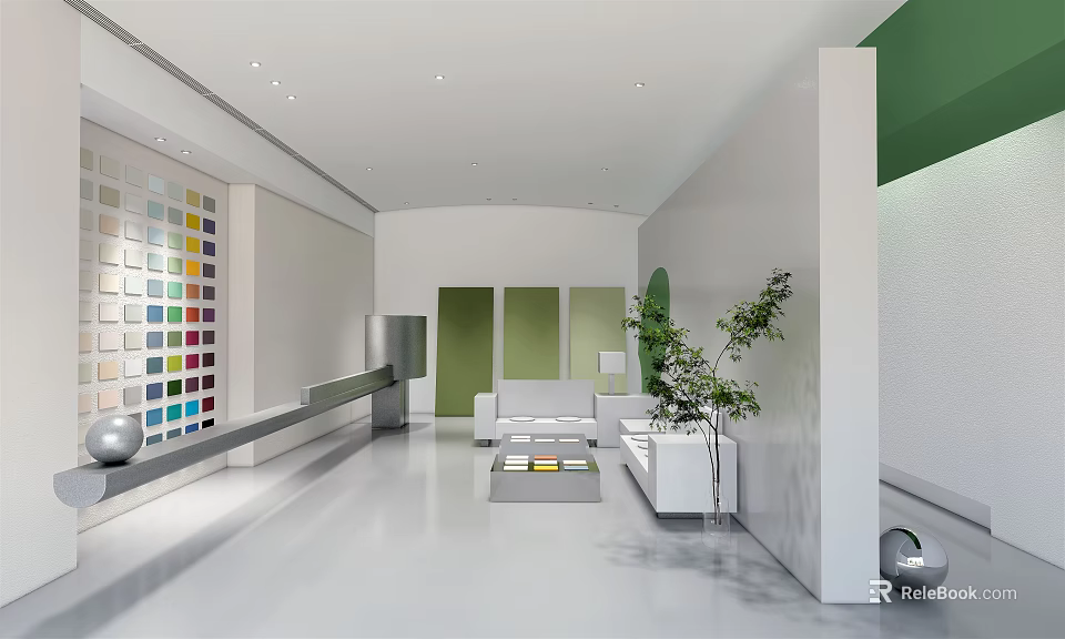 Modern Exhibition Hall Interior With Colorful Wall Panels White Space Green Accent Sofa And Plant 3d model 
