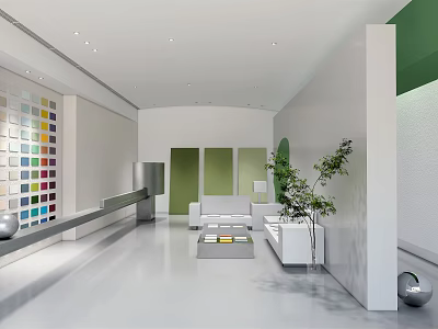 Modern Exhibition Hall Interior With Colorful Wall Panels White Space Green Accent Sofa And Plant 3d model