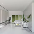 Modern Exhibition Hall Interior With Colorful Wall Panels White Space Green Accent Sofa And Plant