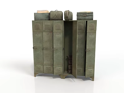 Green Metal Lockers With Multiple Doors Open Compartment And Items On Top 3d model